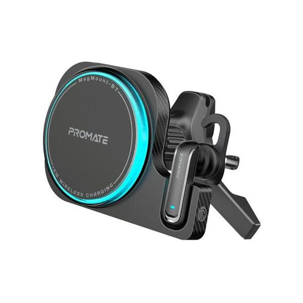 Promate Communications Black / Brand New / 1 Year Promate MagMount-BT 2-in-1 MagSafe Compatible 15W Wireless Car Charger with Built-in Wireless Mono ENC Earphone