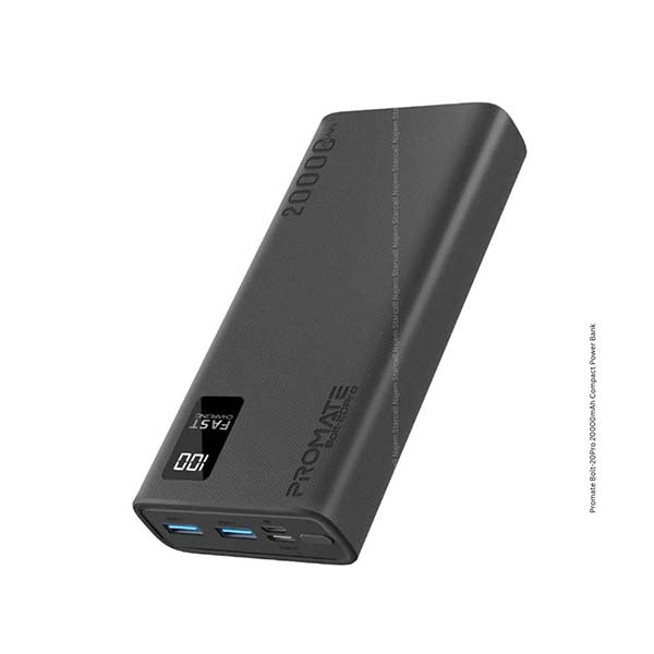 Promate Electronics Accessories Black / Brand New / 1 Year Promate, Bolt-20Pro, 20000mAh Compact Smart Charging Power Bank with Dual USB-A & USB-C Output