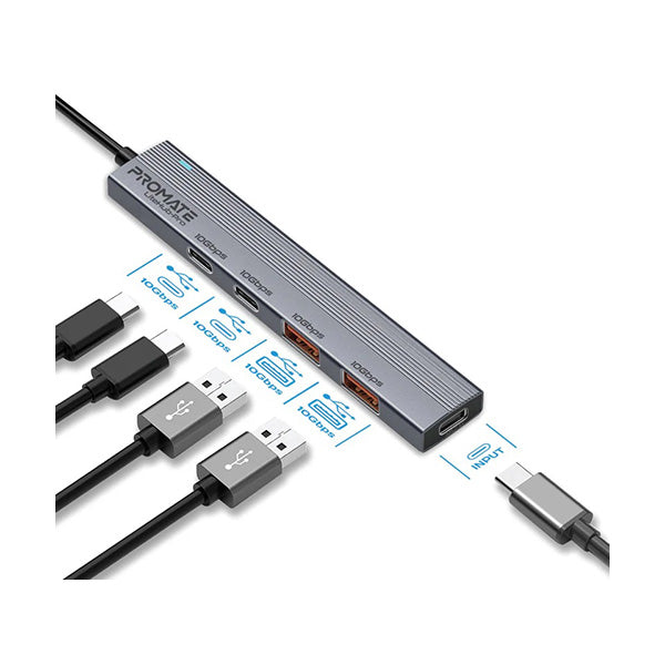 Promate Electronics Accessories Grey / Brand New / 1 Year Promate, LITEHUB-PRO, Multi-Port 10Gbps USB-C Data Hub