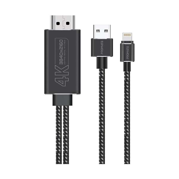 Promate Electronics Accessories Black / Brand New / 1 Year Promate, MediaLink-LT, 4K High Definition Lightning Connector to HDMI Cable with Charging Bridge
