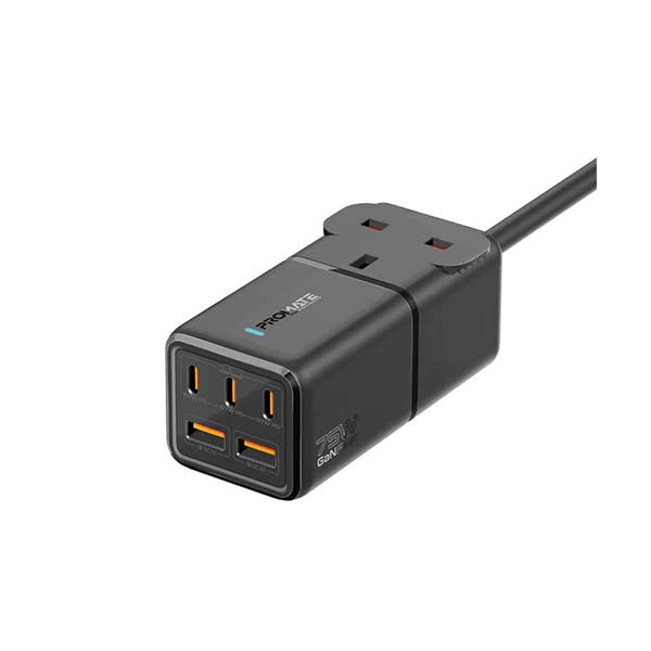 Promate Electronics Accessories Black / Brand New / 1 Year Promate, PowerBrix-GaN75, 75W GaNFast Multi-Port Power Strip with AC Socket