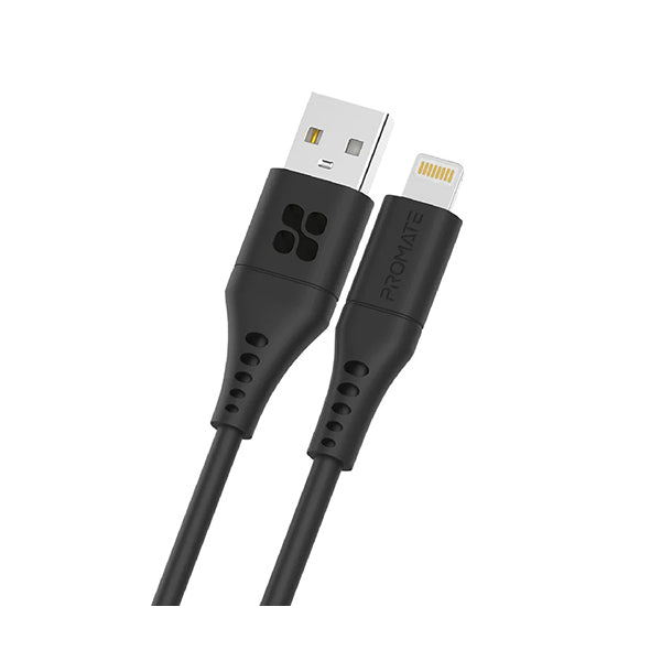 Promate Electronics Accessories Black / Brand New / 1 Year Promate, PowerLink-Ai120, Ultra-Fast USB-A to Lightning Soft Silicon Cable
