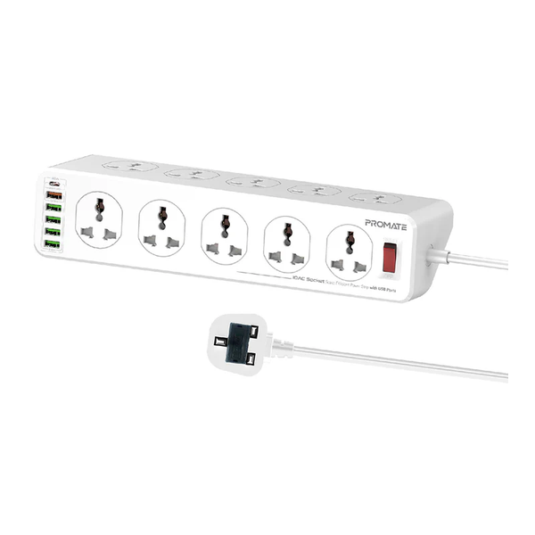 Promate Electronics Accessories White / Brand New / 1 Year Promate PowerMatrix-5M 10AC Socket Space Efficient Power Strip with USB Ports