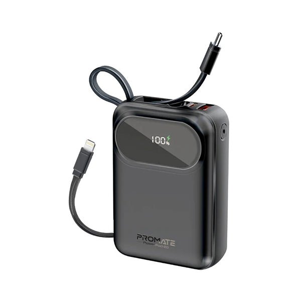 Promate Electronics Accessories Black / Brand New Promate, PowerPod-20, Ultra Compact 35W 20.000mAh SuperSpeed Power Bank with Built-In USB-C & Lightning Cable - POWERPOD-20
