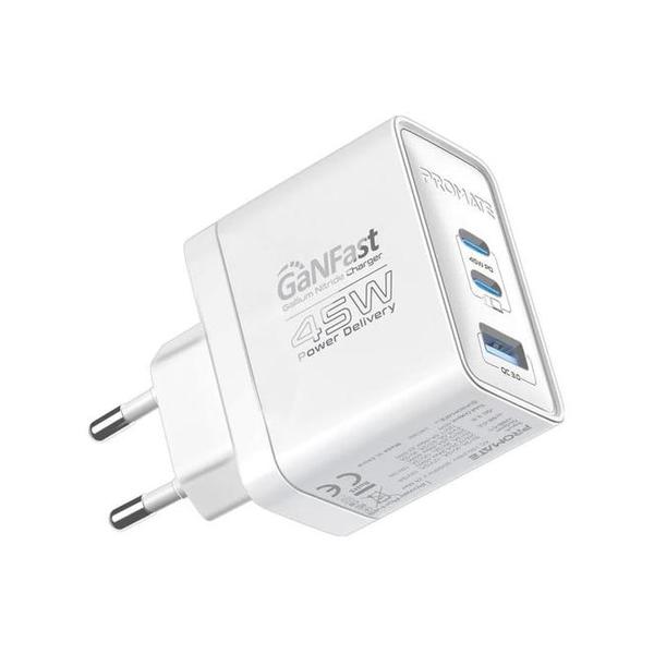Promate Electronics Accessories White / Brand New / 1 Year Promate PowerPort-45 45W Power Delivery GaNFast Charger with Quick Charge 3.0