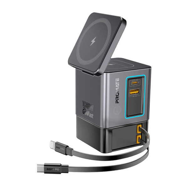 Promate Electronics Accessories Brand New / 1 Year Promate PowerSync-105 105W GaNFast Multi-Port Wireless Charging Station with Dual Retractable Cables