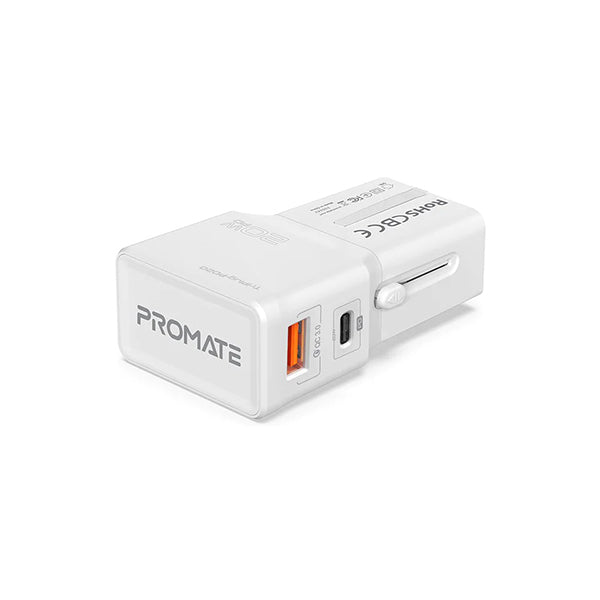 Promate Electronics Accessories White / Brand New / 1 Year Promate, TriPlug-PD20, Sleek Universal Travel Adapter with 20W Power Delivery & Quick Charge 3.0