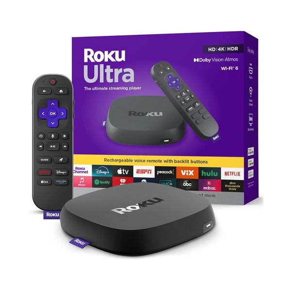 Roku Video Black / Brand New / 1 Year Roku Ultra - Ultimate Streaming Player - 4K Streaming Device for TV with HDR10+, Dolby Vision & Atmos - Bluetooth & Wi-Fi 6- Rechargeable Voice Remote Pro with Backlit Buttons - Free & Live TV