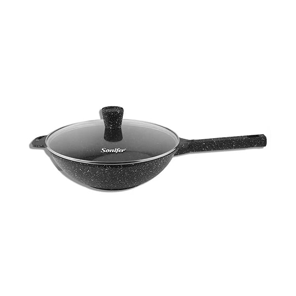 Sonifer Kitchen & Dining Black / Brand New Sonifer, 32Cm 5.3L Non-Stick Granite Deep Fry Pan with Glass Lid - SF-1126