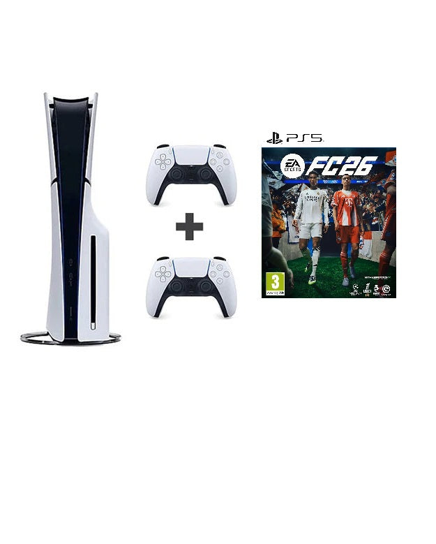 Sony PS5 Console White / Brand New PlayStation 5 Console Slim European, 2023 + 2 x Dualsense Wireless Controllers + FC 26 Game