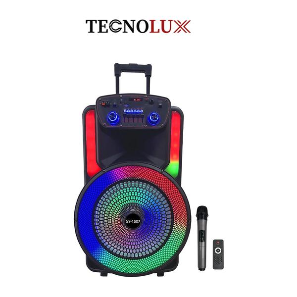 TechnoLux Audio TECNOLUX 15" 50W 3600mAh 5.0 Treble, Echo, Bass & Delay Control Portable Bluetooth Speaker With Telescoping Handle, Wheels, Wireless Microphone, Remote Controller, FM & Aux GY-1207
