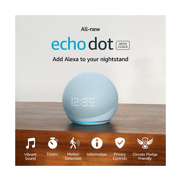 Amazon Smart Speakers Cloud Blue / Brand New / 1 Year All-New Echo Dot (5th Gen, 2022 release) with clock | Smart speaker with clock and Alexa