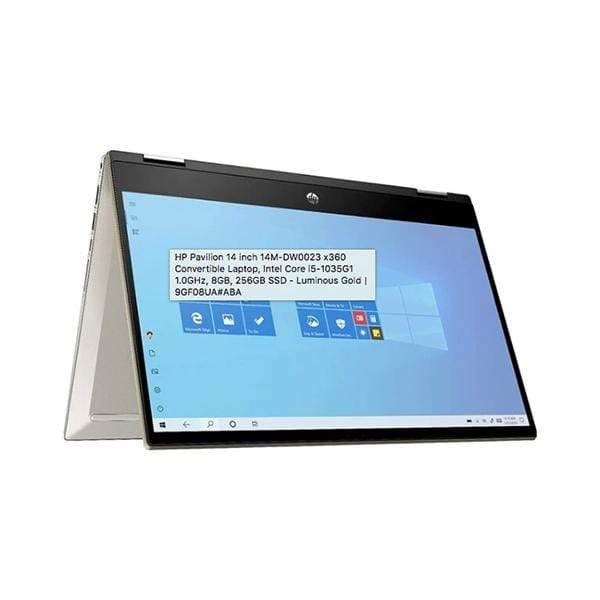 HP Laptops Luminous Gold / Brand New / 1 Year HP 14M-DW0023 X360 Convertible Laptop, 14” Touch Screen, Intel Core i5 1035G1, 8GB Ram, 256GB SSD, Graphics: Shared VGA, Windows 10