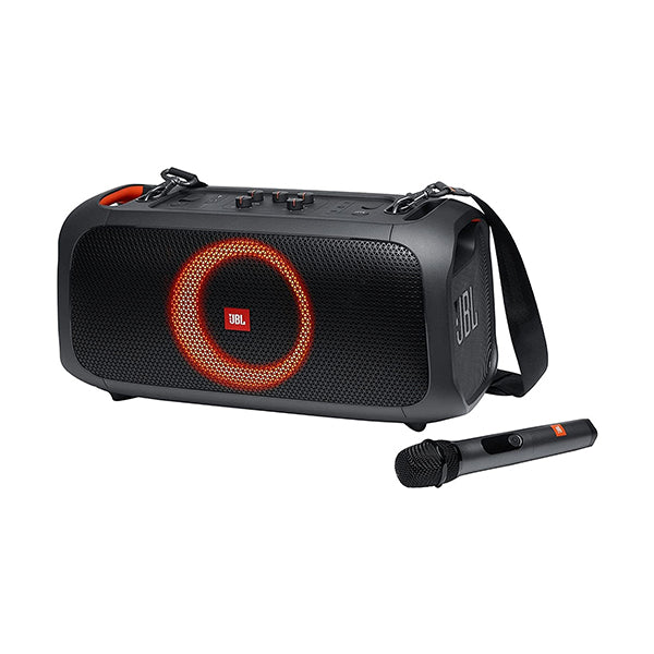 JBL Portable Speakers & Audio Docks Black / Brand New / 1 Year JBL PartyBox On-The-Go - A portable karaoke party speaker with wireless microphone, 100W power output, IPX4 splashproof, 6 playtime hours, shoulder strap and Wireless 2 party speakers pairing