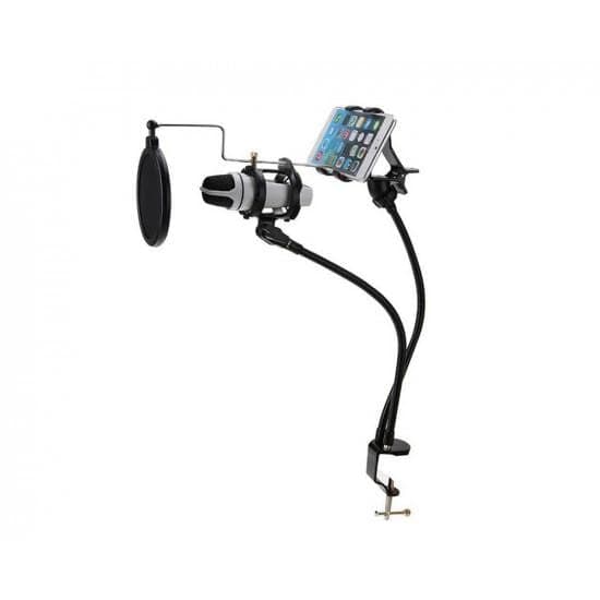 Mobileleb.com Karaoke Accessories 3 in 1 Metal Microphone Mount Holder With Cell Phone Clip Stand & Pop Filter