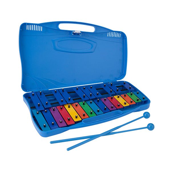 Mobileleb Percussion Instruments Blue / Brand New / 1 Year Glockenspiel with 25-Note Steel Bars with Consistent Tuning Chromatic Scale with Sharps and Flats 2 Plastic Mallets Durable Molded Case