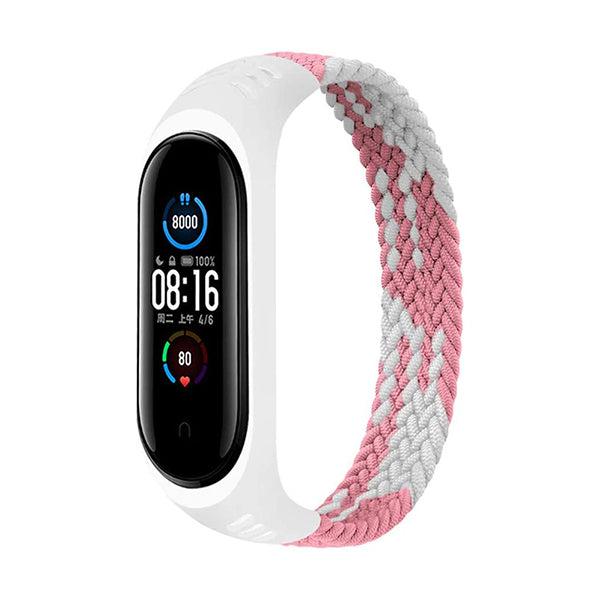 Mobileleb Smartwatch & Smart Band Accessories Pink White Bracelet For Xiaomi Mi Band 6, Band 5 and 4 Braided Solo Loop Strap, Nylon Stretchy Sport Replacement Wristband, 160mm