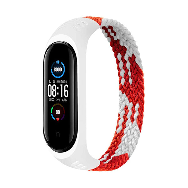 Mobileleb Smartwatch & Smart Band Accessories Red White Bracelet For Xiaomi Mi Band 6, Band 5 and 4 Braided Solo Loop Strap, Nylon Stretchy Sport Replacement Wristband, 160mm