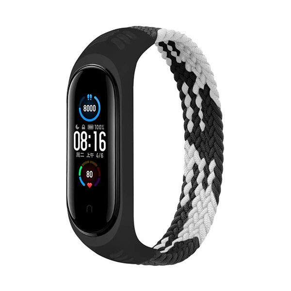 Mobileleb Smartwatch & Smart Band Accessories Black White Bracelet For Xiaomi Mi Band 6, Band 5 and 4 Braided Solo Loop Strap, Nylon Stretchy Sport Replacement Wristband, 160mm