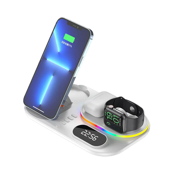 Stazione Di Ricarica Wireless Vortex S80SW 4 In 1 Pieghevole, Con Luce Notturna LED E Orologio, Compatibile Qi Per Telefono, Smartwatch E Auricolari, Bianco