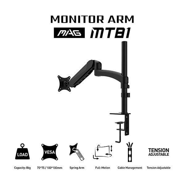 MSI Brackets & Stands Black / Brand New / 1 Year MSI MAG MT81 Monitor Arm VESA 75/100 Ergonomic Screen Holder up to 8 kg 1 Monitor Cable Management 360° Rotatable C-Clamp Ideal for 24 Inch to 32 Inch LED LCD Monitors