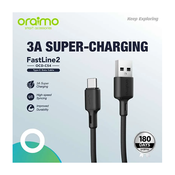 Oraimo Cables Black / Brand New / 1 Year Oraimo OCD-C54 Fastline 2 Type-C 3A Fast Charging Data Cable 1M