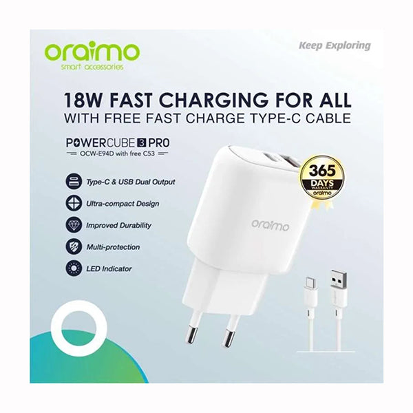 Oraimo Chargers & Power Adapters White / Brand New / 1 Year Oraimo POWERCUBE 3Pro Charger Dual 18W, 3A, OCW-E94D With Free C53