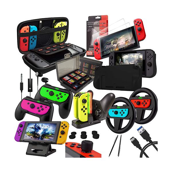 Orzly Nintendo Switch Accessories Jet Black Switch Accessories Bundle - Orzly Geek Pack for Nintendo Switch: Case & Screen Protector, Joycon Grips & Racing Wheels, Switch Controller Charge Dock, Comfort Grip Case & More