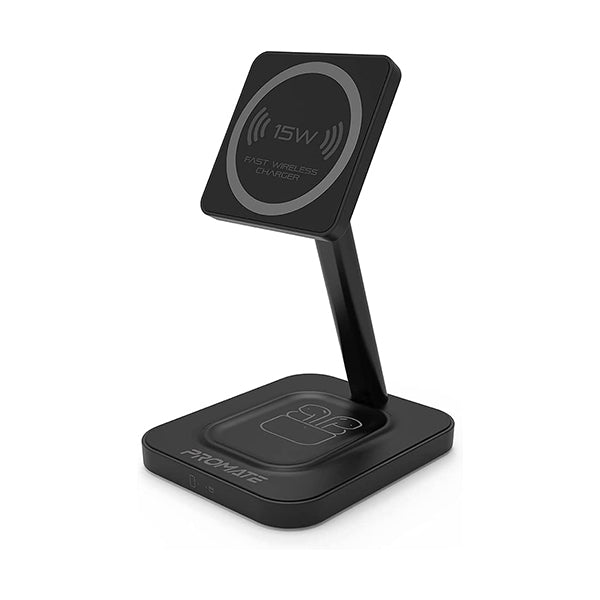 Promate Chargers & Power Adapters Black / Brand New / 1 Year Promate, AuraBase-15W, Mag-Safe 15W 2-in-1 Fast Wireless Charger with Adjustable Neck and 5W Non-slip Charging Pad