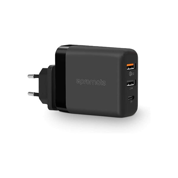 Promate Chargers & Power Adapters Black / Brand New / 1 Year Promate, PowerHub-QC Travel Charger, Premium 3-Port 30W USB Wall Adapter with Type-C Power