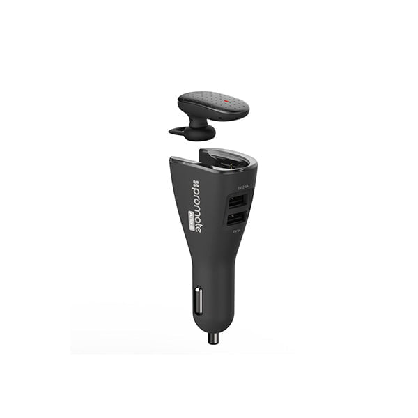 Promate Headsets & Earphones Black / Brand New / 1 Year Promate, Aria-2, 2-in-1 Mini Bluetooth Headset and Car Charger with 2 USB Ports (5 V 2.4 A, 5 V 1 A)