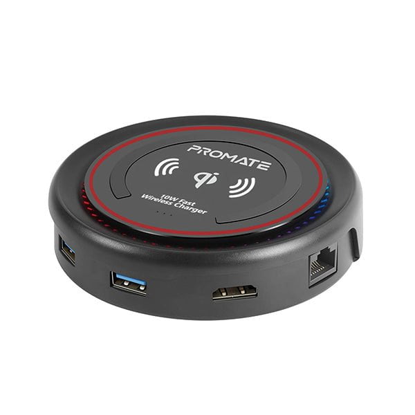 Promate Hubs Maroon / Brand New / 1 Year Promate, CenterHub USB C Hub with Qi Wireless Charger, USB Type-C™ Docking Station with 100W Type-C™ Power Delivery, HDMI 4K, Dual USB 3.0 Port