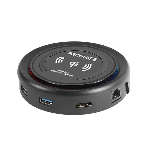 Promate Hubs Black / Brand New / 1 Year Promate, CenterHub USB C Hub with Qi Wireless Charger, USB Type-C™ Docking Station with 100W Type-C™ Power Delivery, HDMI 4K, Dual USB 3.0 Port