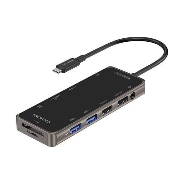 Promate Hubs Black / Brand New / 1 Year Promate, PrimeHub-Pro USB-C Hub, 11-in-1 Type-C Multi-Port Adapter with 100W USB-C Power Delivery, 4K HDMI, VGA Port, RJ45 Port, AUX, TF/SD Card Slot and 4 USB Ports for MacBook Pro, MacBook Air, XPS