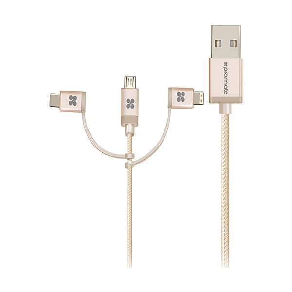Promate Mobiles & Tablets Cables & Connectors Gold / Brand New / 1 Year Promate 1.2 Meter Unilink-Trio 3-in-1 Triple Head Charge Cable, High-Speed 2.1A USB Type A to USB-Type-C/Micro USB/Apple MFi Lightning for Apple/Android/Type-C Devices