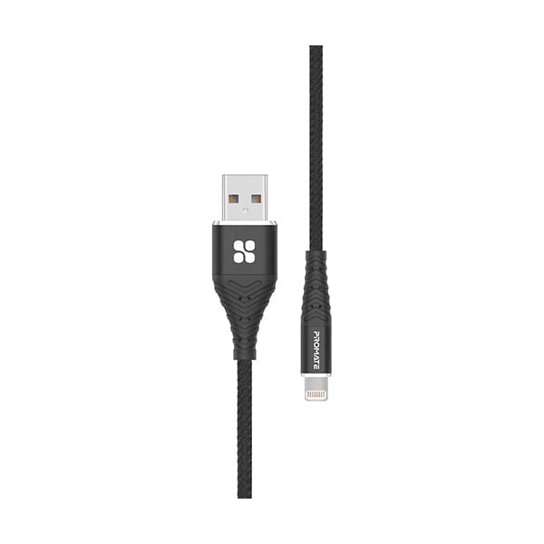 Promate Mobiles & Tablets Cables & Connectors Black / Brand New / 1 Year Promate 1-Meter iCord-1 Premium Fabric Braided Lightning Charge and Sync Cable with Fast Charging 2.4A USB A Male to Lightning, Over-Current Protection, Anti-Tangle Cord for Apple Devices