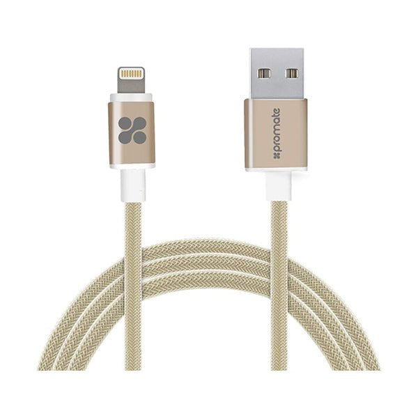 Promate Mobiles & Tablets Cables & Connectors Gold / Brand New / 1 Year Promate Linkmate LTM Apple MFi Certified Lightning Cable 1.2M USB Cable