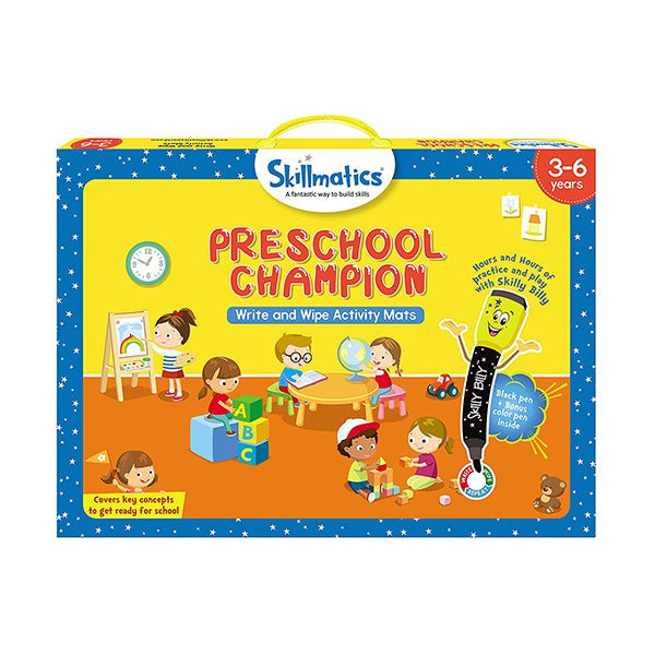 Skillmatics Educational Toys Brand New Skillmatics, Preschool Champion, 3-6 Years, Erasable and Reusable Activity Mats with 2 Dry Erase Markers, Learning Tools for Boys and Girls 3, 4, 5, 6 Years, SKILL03PCB