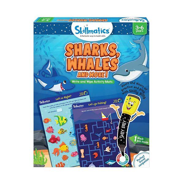 Skillmatics Educational Toys Brand New Skillmatics, Sharks, Whales & More, 6-9 Years, Travel Toy & Learning Tool for Kids, Reusable Activity Mats with Dry Erase Marker, SKILL96SWS