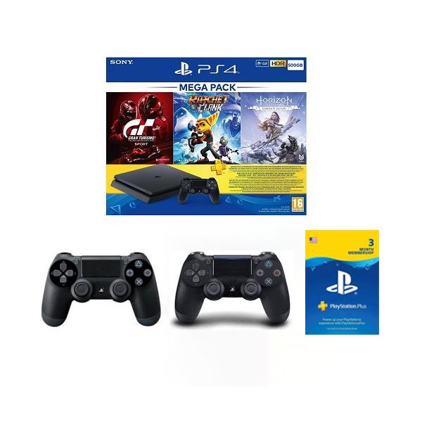 Sony PS4 Console Black / Brand New / 1 Year Sony PlayStation 4 Slim 500GB Bundle: GT Gran Tourismo + Horizon Zero Dawn + Ratchet & Clank + 3 Months PS Plus Membership Card + 2 Controllers with Official Channel Warranty