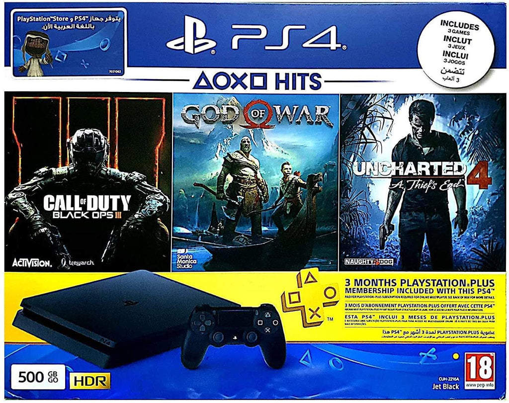 Sony Playstation 4 500GB Jet Black + Call Of Duty Black Ops III + God Of War + Uncharted 4 A Thief's End + 3 Months PS Plus