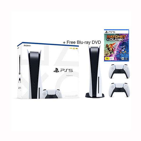 Sony PS5 Console White / Brand New / 1 Year Sony PlayStation 5 + 2 Controllers + Ratchet Clank Rift Apart DVD Game + BLU-RAY DVD with Official Magnet/Fattal Warranty