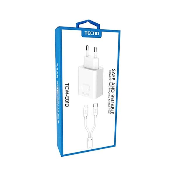 TECNO Chargers & Power Adapters White / Brand New / 1 Year Tecno TCW-E01D 2.4A, Charge Two Phones At One Time